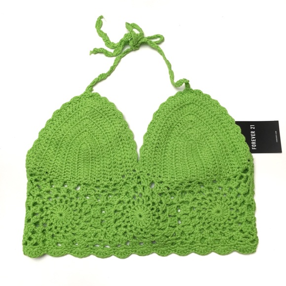 Forever 21 Tops - F21 Lime Green Crochet Cropped Cami Halter Top